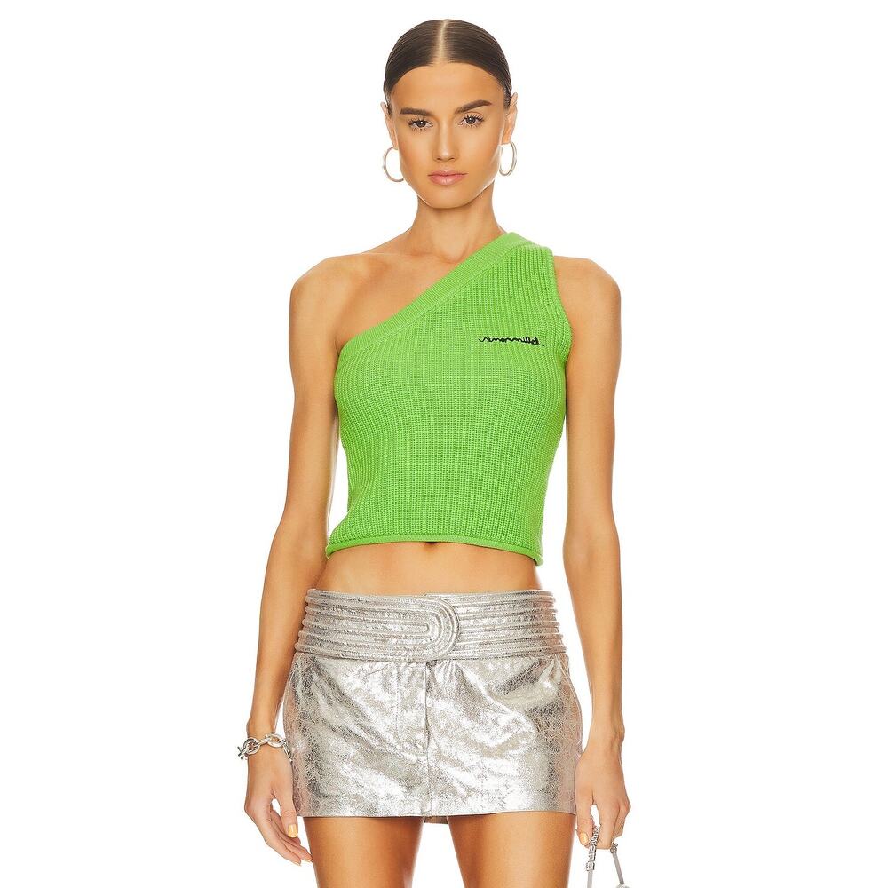 Simon Miller Zen Top Womens S Happy Green Knit Cotton One Shoulder Cropped Logo